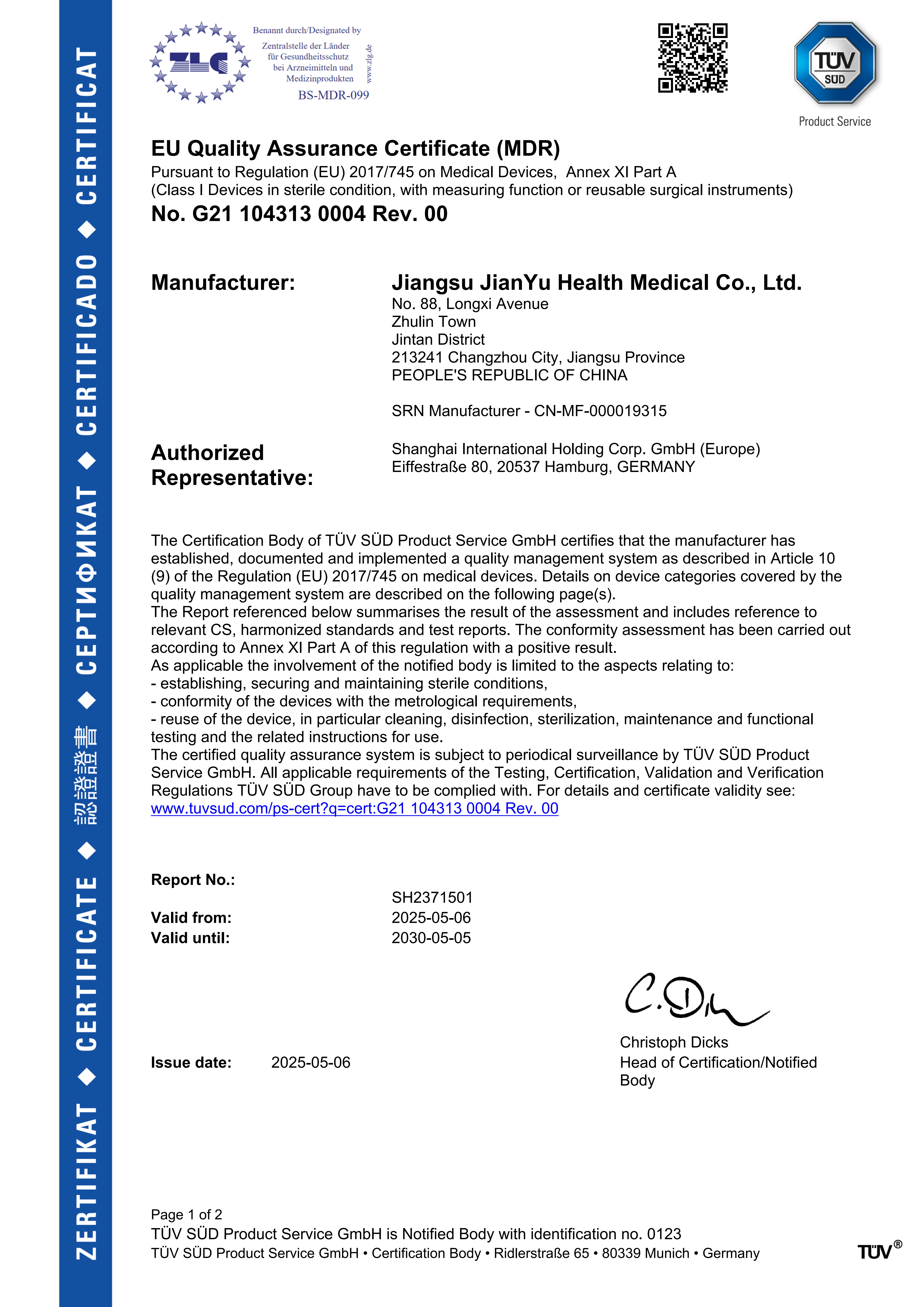 TÜV SÜD EU MDR certificate G21