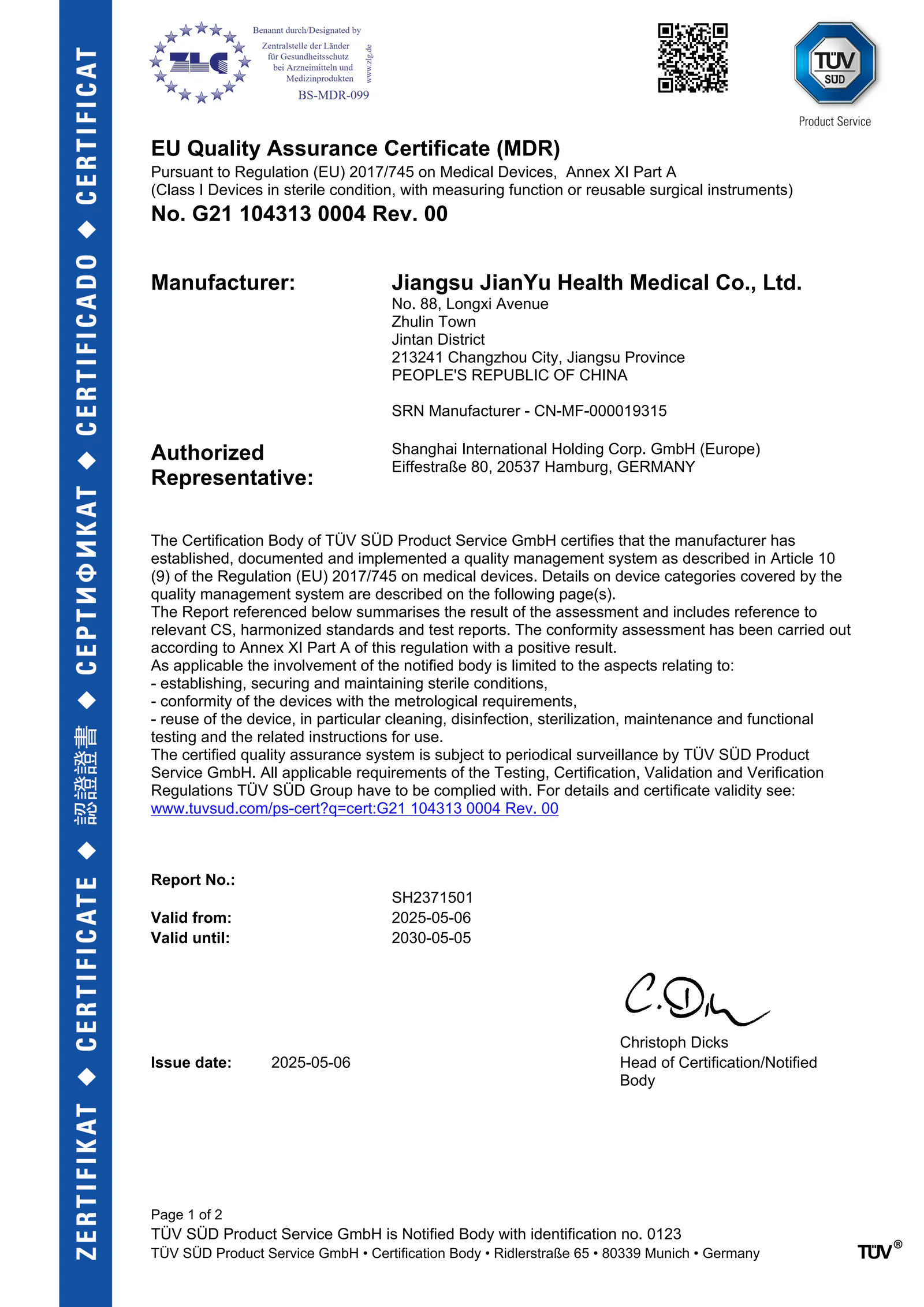 TÜV SÜD EU MDR certificate G21